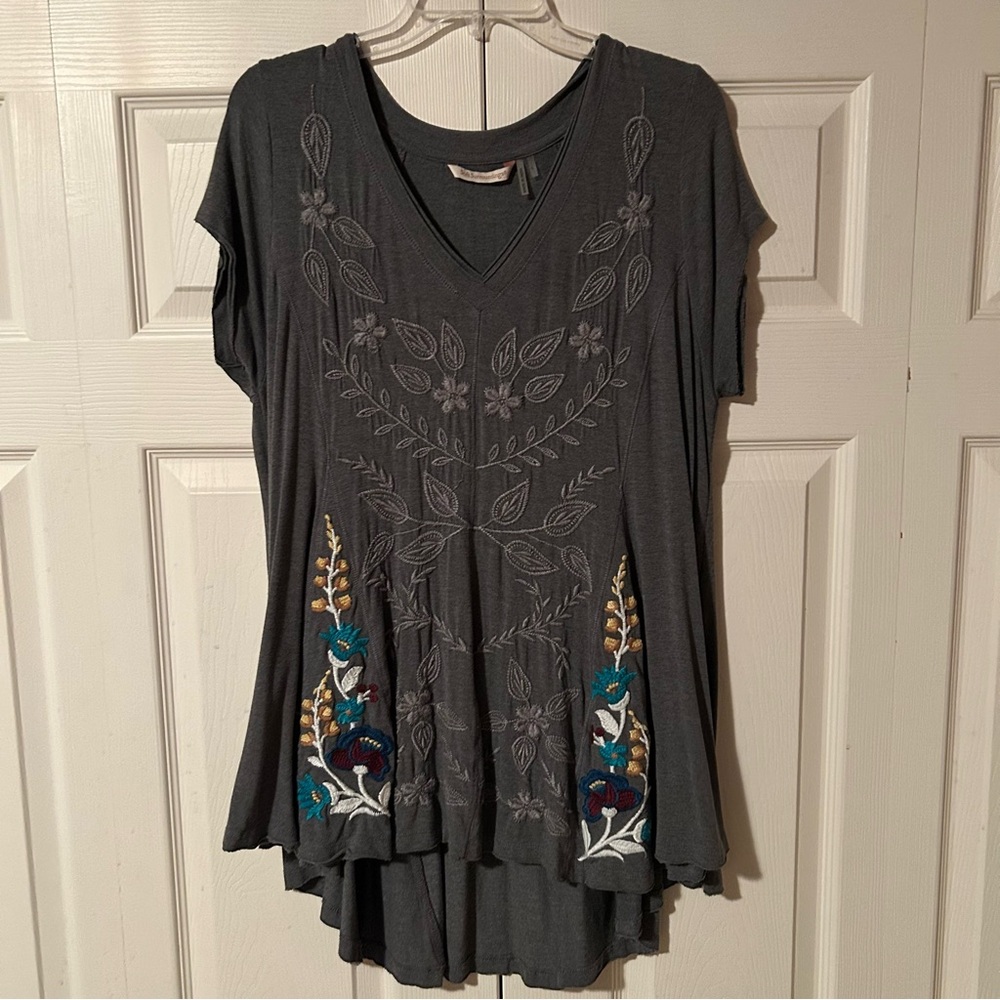 Embroidered Charcoal Grey V-Neck Top
